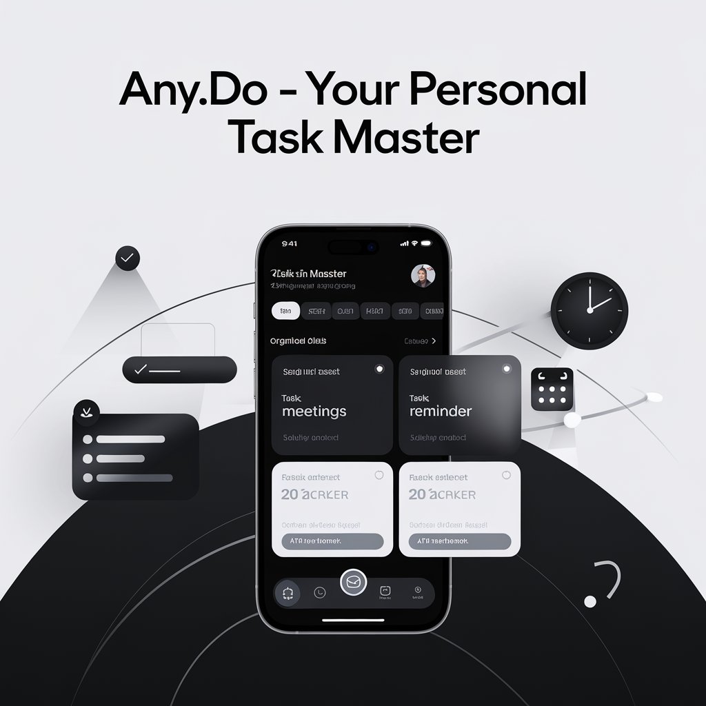 A sleek, modern smartphone displaying the Any.do app, one of a few productivity tools with a clean interface showing organized tasks, meetings, and reminders. 