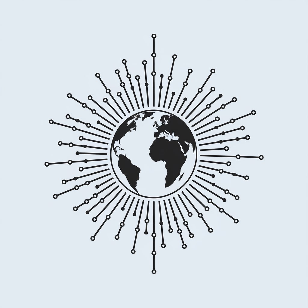 A minimalist illustration of a globe with a network of interconnected lines radiating outward. 