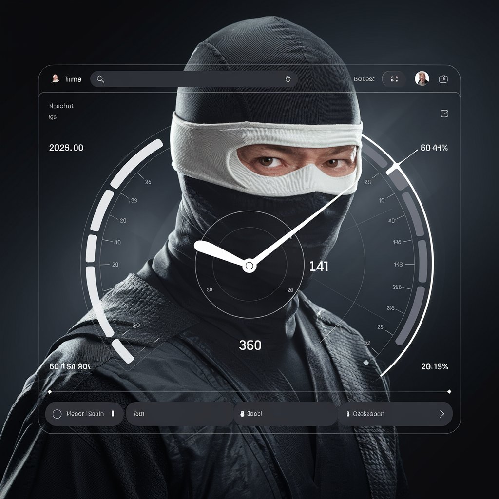 A ninja with an overlay of a sleek smartphone or computer screen displaying the Hours TimeLord time-tracking app, one of several productivity tools with an organized interface showing tracked hours and productivity insights. 