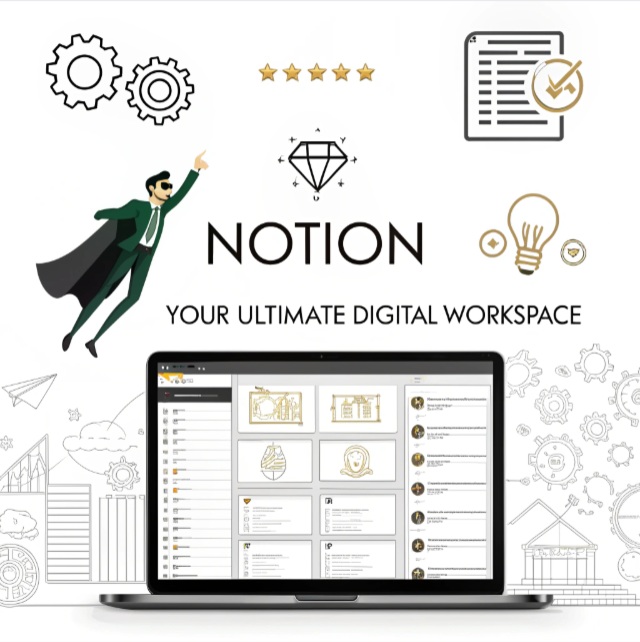 A sleek computer or tablet screen displaying the Notion app with organized pages for tasks, projects, notes, and databases. Floating icons like checklists, calendars, and idea bulbs represent Notion's versatility. Subtle superhero motifs in the background symbolize Notion’s role as a powerful digital assistant for entrepreneurs and business owners.