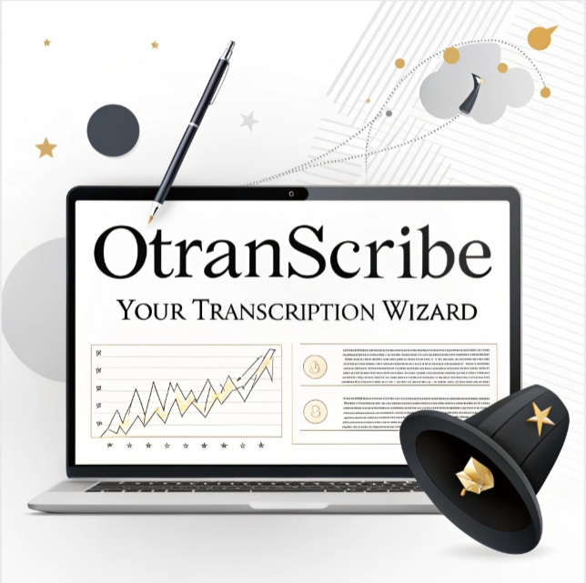 A sleek computer or laptop screen displaying the oTranscribe interface with an audio file being transcribed into text. Floating icons like audio waves, text bubbles, and a wizard hat symbolize the magic and efficiency of oTranscribe for entrepreneurs and business owners.