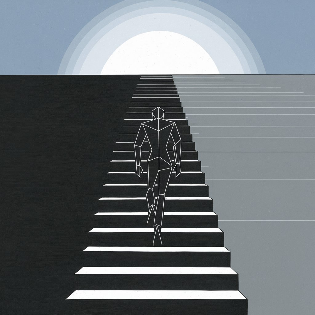 A minimalist illustration of a person climbing a steep, geometric staircase. 