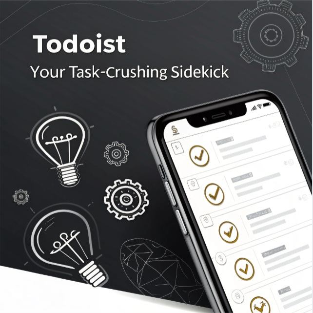 A sleek smartphone or computer screen displaying the Todoist app with organized tasks, projects, and deadlines.