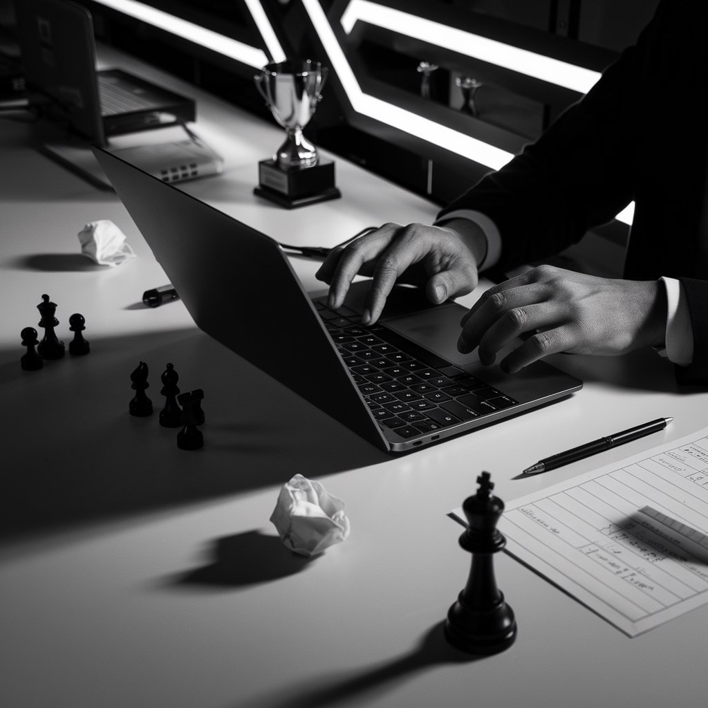 A high-contrast black and white workspace scene featuring an entrepreneur's hands typing intently on a sleek laptop. Chess pieces, a crumpled paper, and a polished trophy symbolize breakthrough strategies, painful lessons, and hard-won wisdom. The composition conveys intense, professional energy with sharp lines and dramatic shadows, representing the journey of entrepreneurial success.
