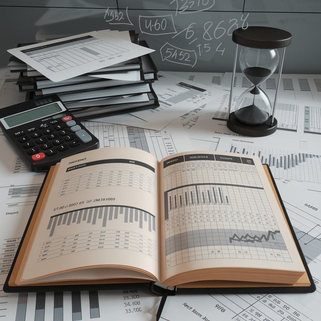 Photorealistic image depicting the financial challenges faced by entrepreneurs and small business owners. The composition centers on an open ledger or account book, with pages displaying complex financial data, graphs, and calculations