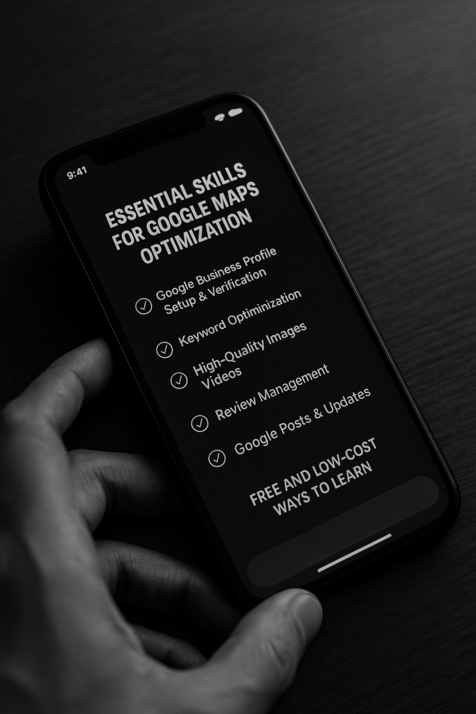Black and white image showcasing a smartphone displaying a checklist titled 'ESSENTIAL SKILLS FOR GOOGLE MAPS OPTIMIZATION.' The checklist includes tasks related to Google Business Profile setup, keyword optimization, high-quality images, review management, and Google Posts. A hand hovers above the screen, symbolizing the learning process for 'How to Make Money with Google Maps.