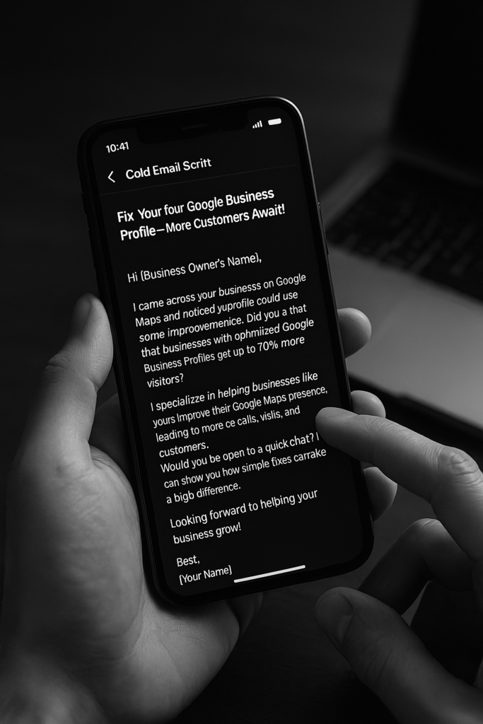 Black and white photo of a smartphone displaying a cold email script aimed at improving a business's Google Business Profile to attract more customers. The smartphone is held in a person's left hand against a dark, minimalistic background featuring a blurred laptop on a wooden surface. The sleek, high-contrast aesthetic emphasizes professionalism and productivity, highlighting the process of outreach for 'How to Make Money with Google Maps.